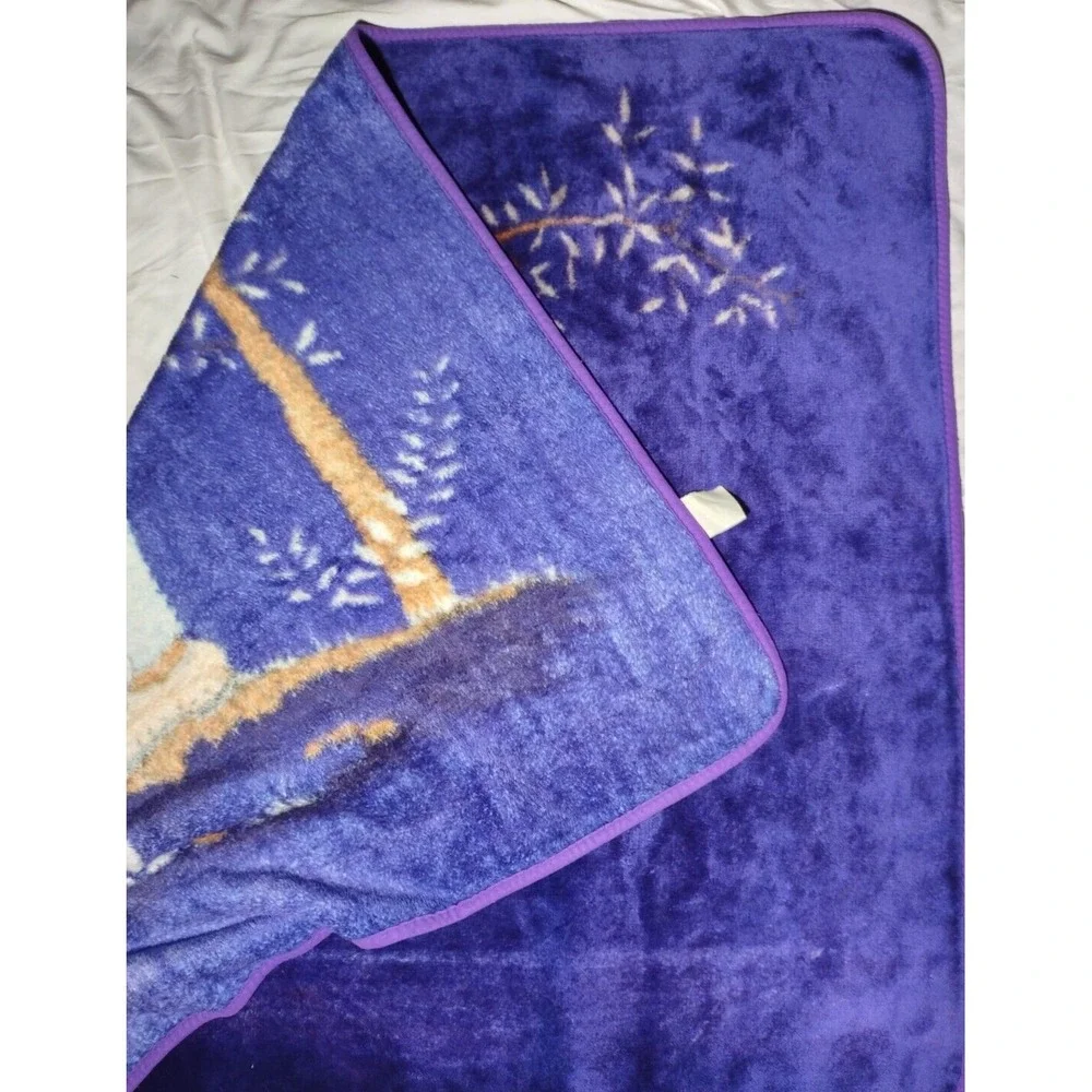 Vtg Purple Boy & Puppy Dog Tree Throw Blanket 40x50 Overalls Brown htf Thick‎